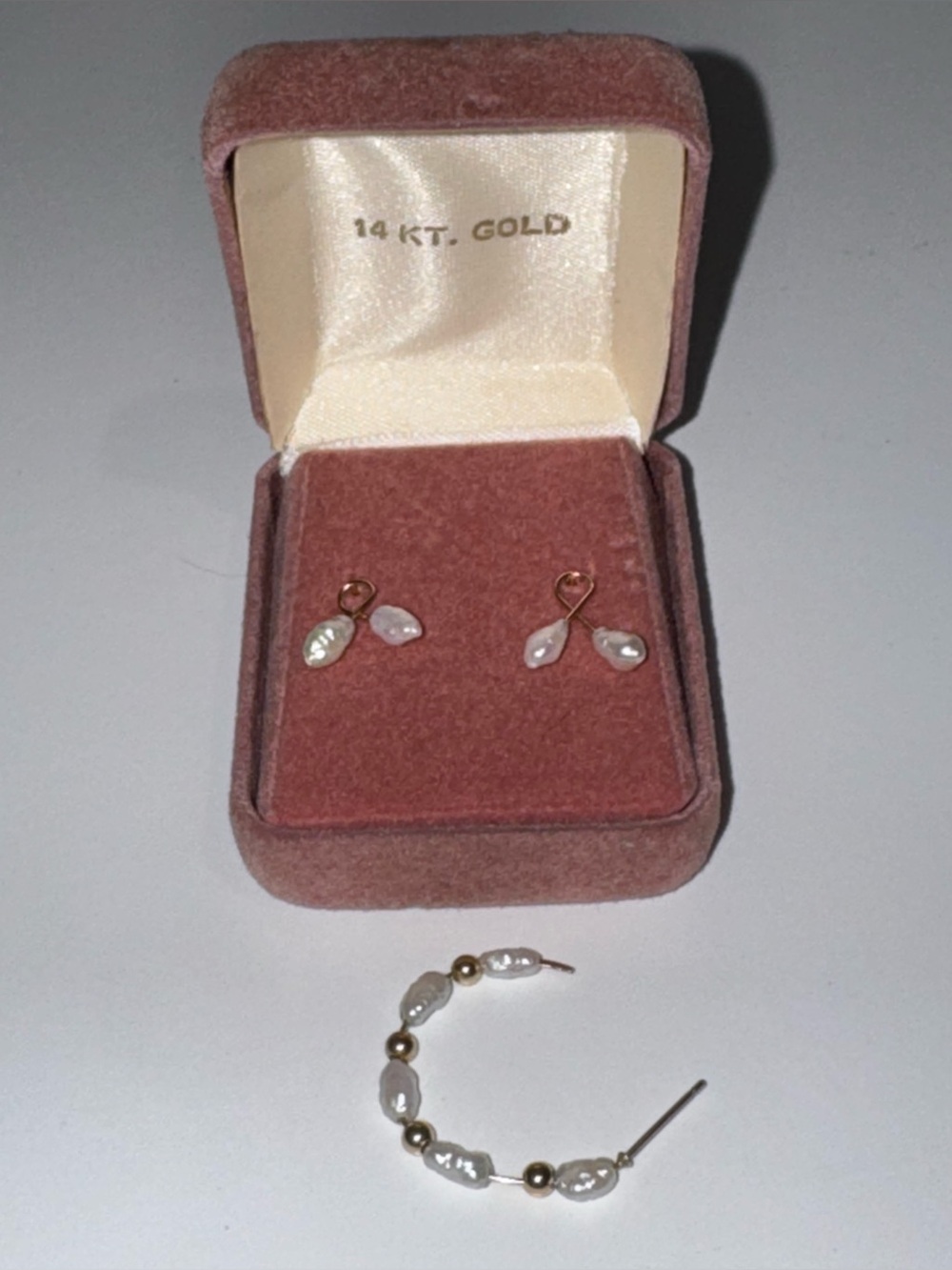 New vintage Solid 14K Gold Freshwater Pearl Twist Earrings & one 14k pearl hoop
